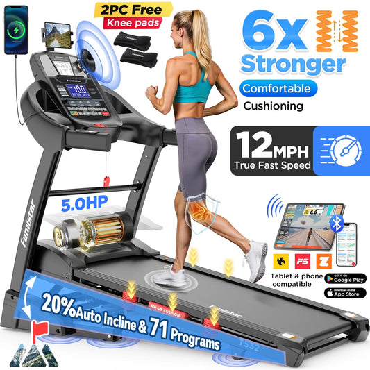 5.0HP Folding Treadmill for Home with 20 Auto Incline, Smart APP, 300Lbs, Hifi Bluetooth Speakers, 64 Programs, 12MPH Speed, Foldable Electric Treadmill Running Machine, Knee Strap Gift